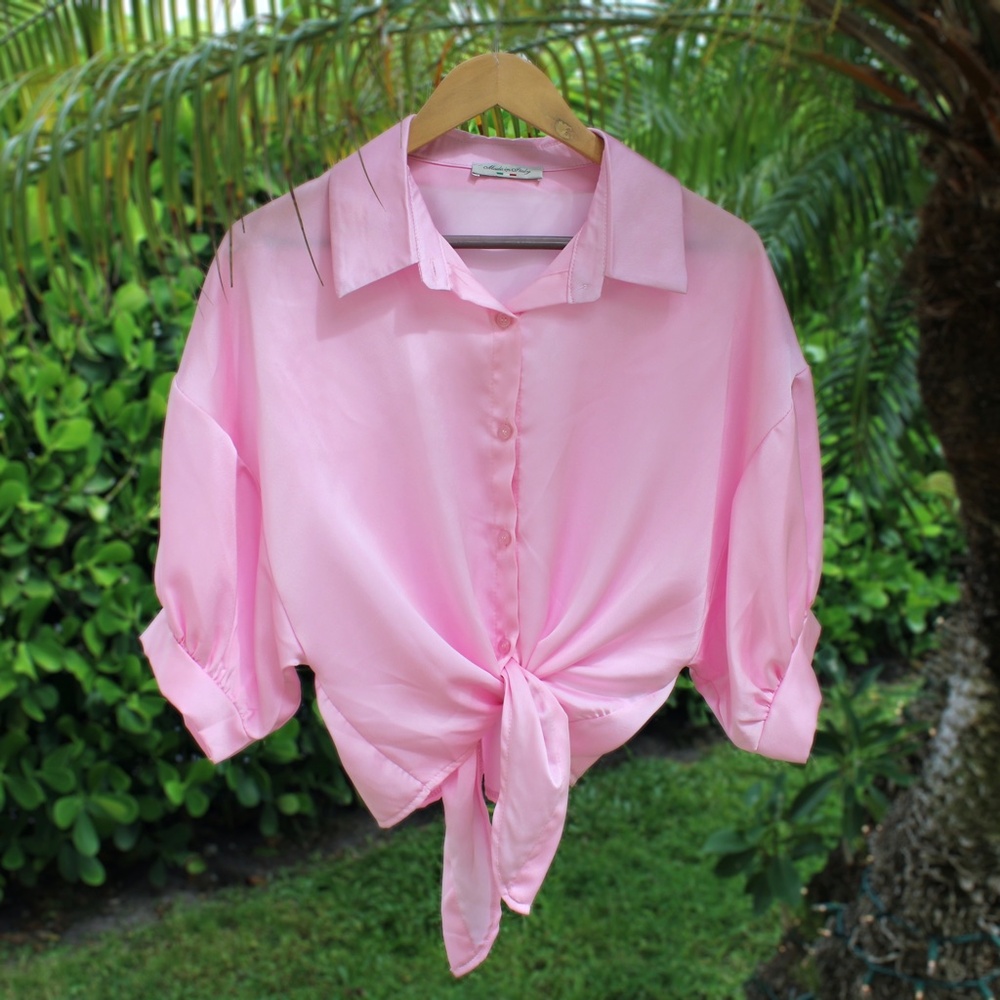 Italian Made Pink Satin Button Down Blouse w/ Tie